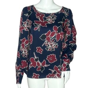 Express Shirt‎ Womens XS Blouse Navy Burgundy Floral Flowers Workwear Casual